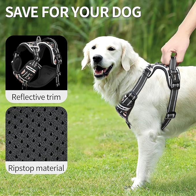 HEELE Dog Harness, No Pull Adjustable Padded Reflective Harness for Small Medium Large Dogs with Handle for Walking Training, Flower-Black, L