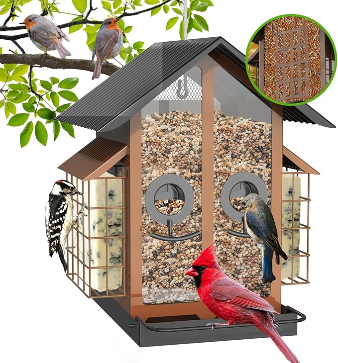 Bird Feeders for Outdoors, Metal Bird Feeder with Double Suet Cage Weatherproof Metal Roof, 2 in 1 Mixed Seeds Suet Feeder, 4Lbs Large Capacity, Great for Finch、Cardinal、Chickadee（Brown）
