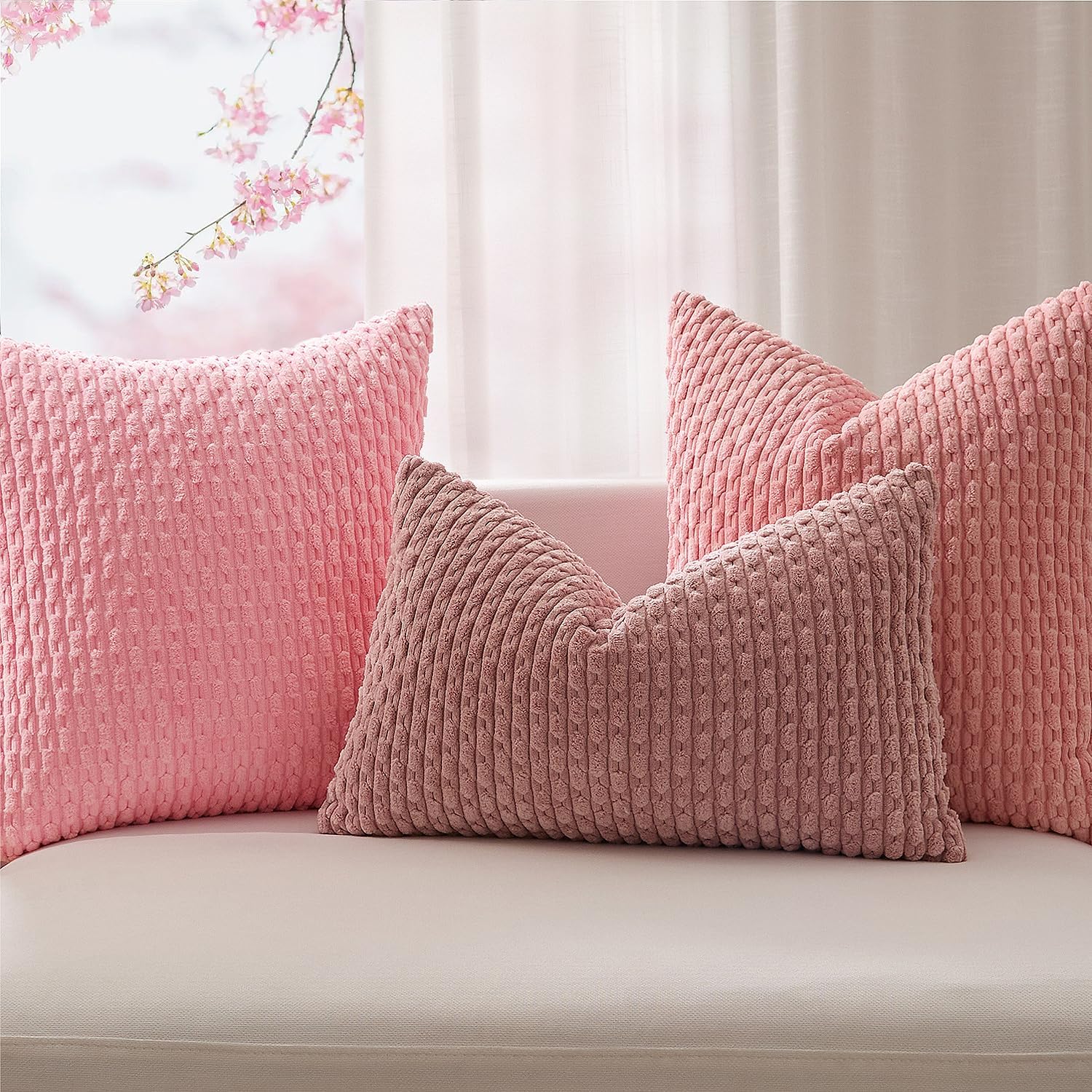 Kevin Textile Valentines Day 14x24 Inch Pillow Cover 1 Pack Boho Decorative Soft Striped Corduroy Lumbar Farmhouse Accent Rectangle Cushion Case for Living Room Couch Sofa Bed, Pink