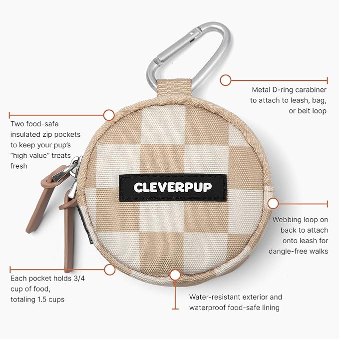 Snackpack Double Insulated Dog Treat Pouch - Holds 1.5 Cups - Dog Training and Walks Snack Bag, Two Pockets for Dry or Wet Treats, Attaches to Leash, Belt, or Bag - Checkerboard