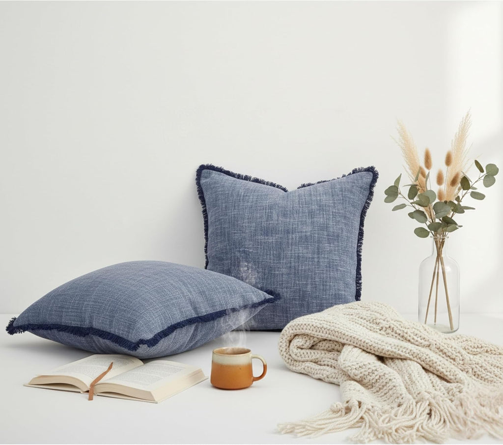 Set of 2 Textured Cotton Throw Pillow Covers with Decorative Fringe at Edges Farmhouse Cushion Cover with Tassels Linen Like Accent Pillowcases for Bed Couch Chair Sofa Living Room,16×16 Inch,Blue