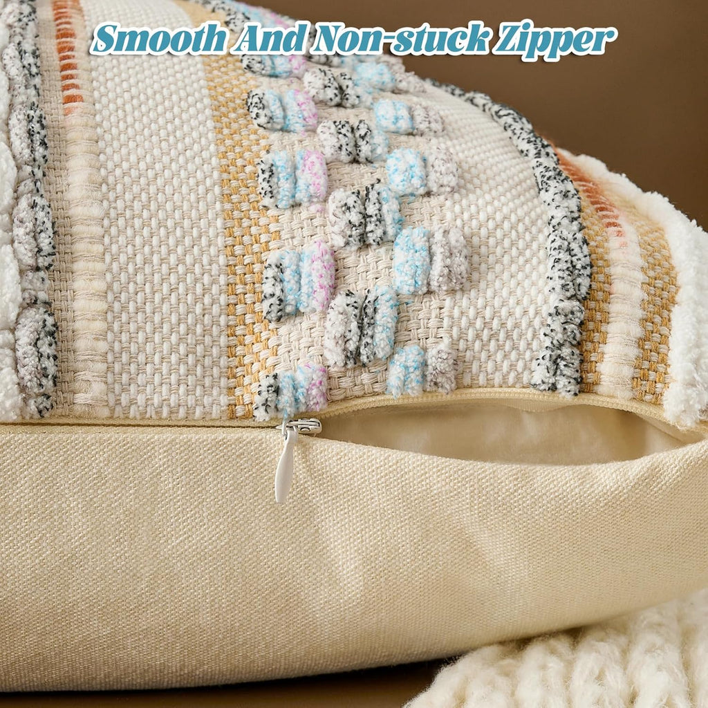 AmHoo Set of 2 Chenille Striped Textured Boho Throw Pillow Covers Aesthetic with Tassels Woven Decorative Pillow Case for Couch Bed Sofa Bedroom Modern Funky 18 x 18-Inch White Multicolor