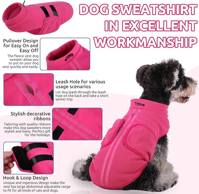 Queenmore Large Dog Sweater, Soft Fleece Vest Pullover Dog Jacket with Leash Hole, Warm Winter Dog Clothes Cold Weather Doggy Dachshund Sweaters for Large Dogs Cats Boy or Girl (Pink, L)