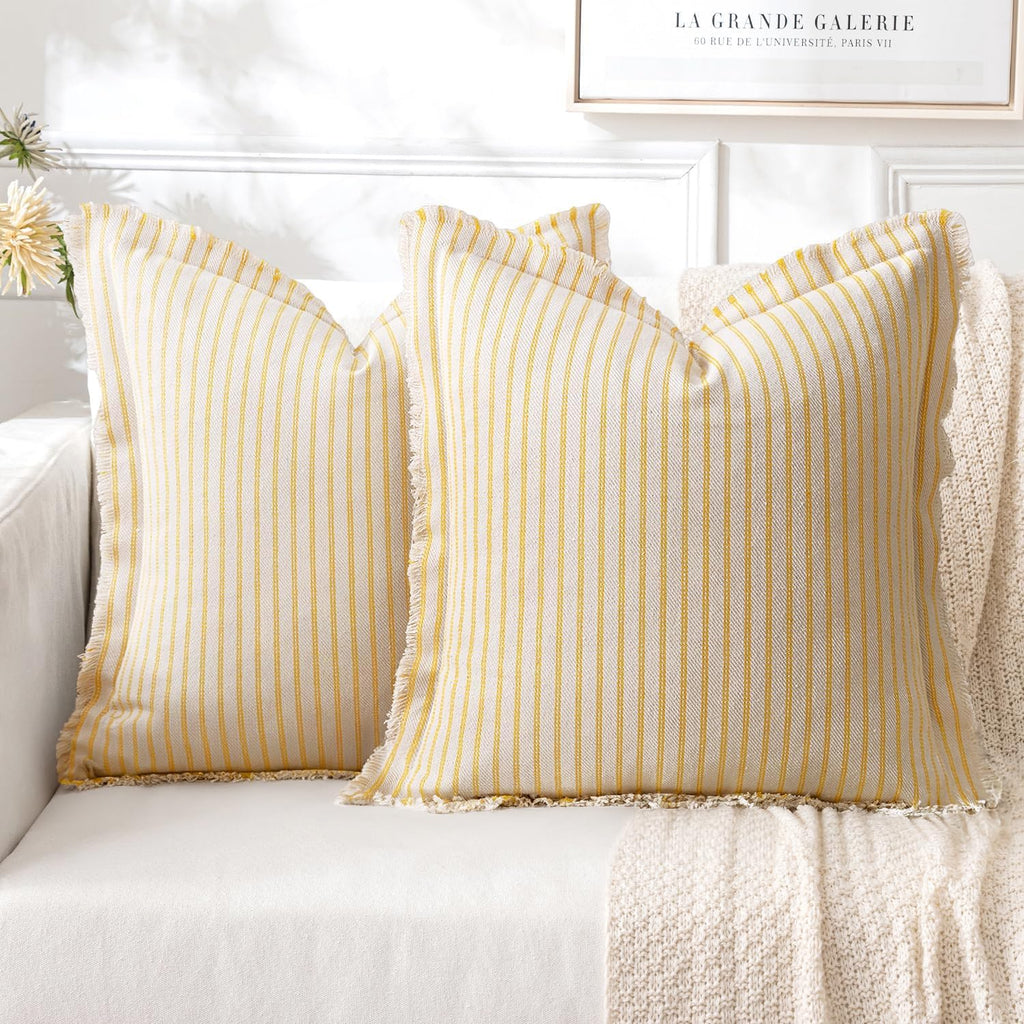 MIULEE Pack of 2 Yellow Pillow Covers 18x18 Inch Striped Farmhouse Couch Throw Pillow Covers with Fringe Chic Cotton Decorative Cushion Covers for Summer Sofa Living Room Bed Outdoor Home Decor