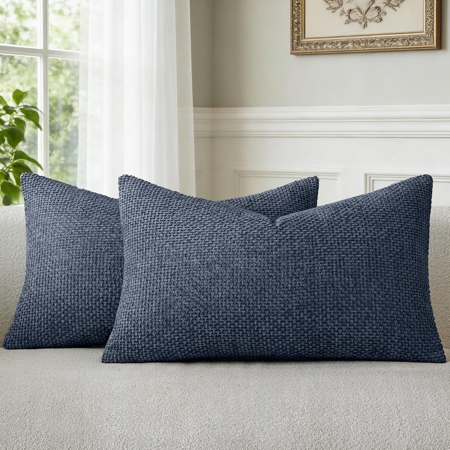 a moment Dark Blue Chenille Throw Pillow Covers 12x20 Inch Pack of 2 Modern Decorative Throw Pillow Covers Farmhouse Cross Covers Home Decor for Sofa Bedroom Living Room