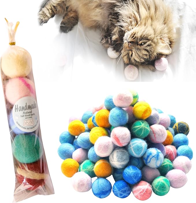 Felt Wool Cat Toys Ball with Catnip and Bell, Natural Handmade cat Toys Ferret Toys cat Gift Basket (feltwoolballmix5)