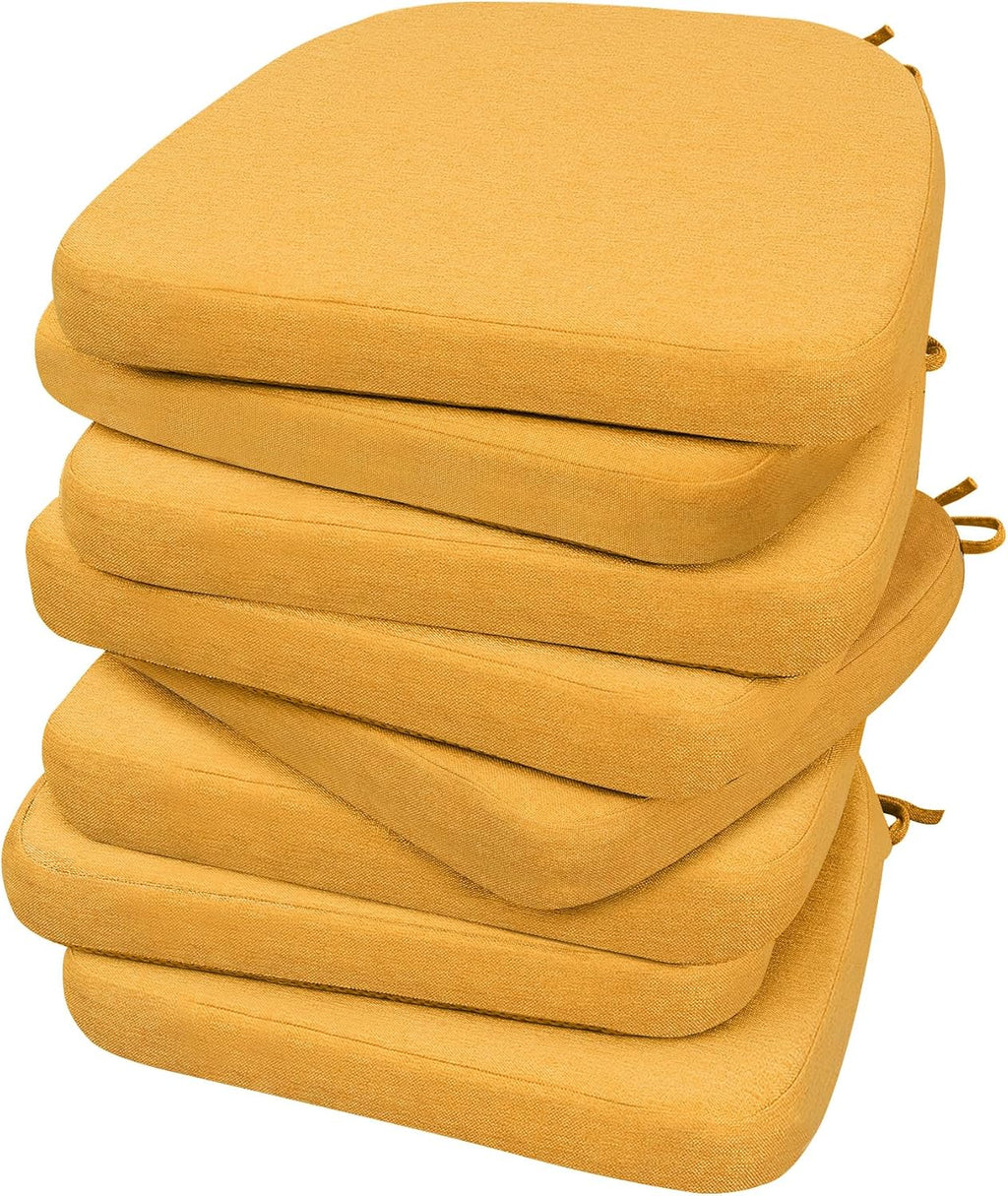 AAAAAcessories D-Shaped Chair Cushions, 2" Thick Dining Chair Pads with Ties and Removable, Machine-Washable Cover, 17" x 16", Set of 8, Golden Yellow