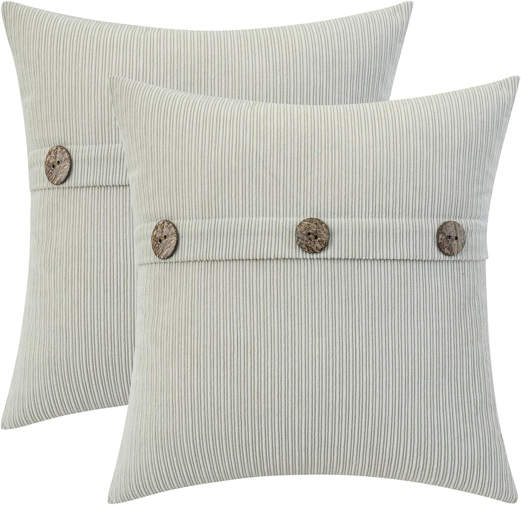 HWY 50 Light Grey Gray Chenille Throw Pillow Covers 18x18 Inch with Triple Buttons, Soft Farmhouse Accent Decorative Cushion Cases for Couch Sofa Bed Living Room Pack of 2