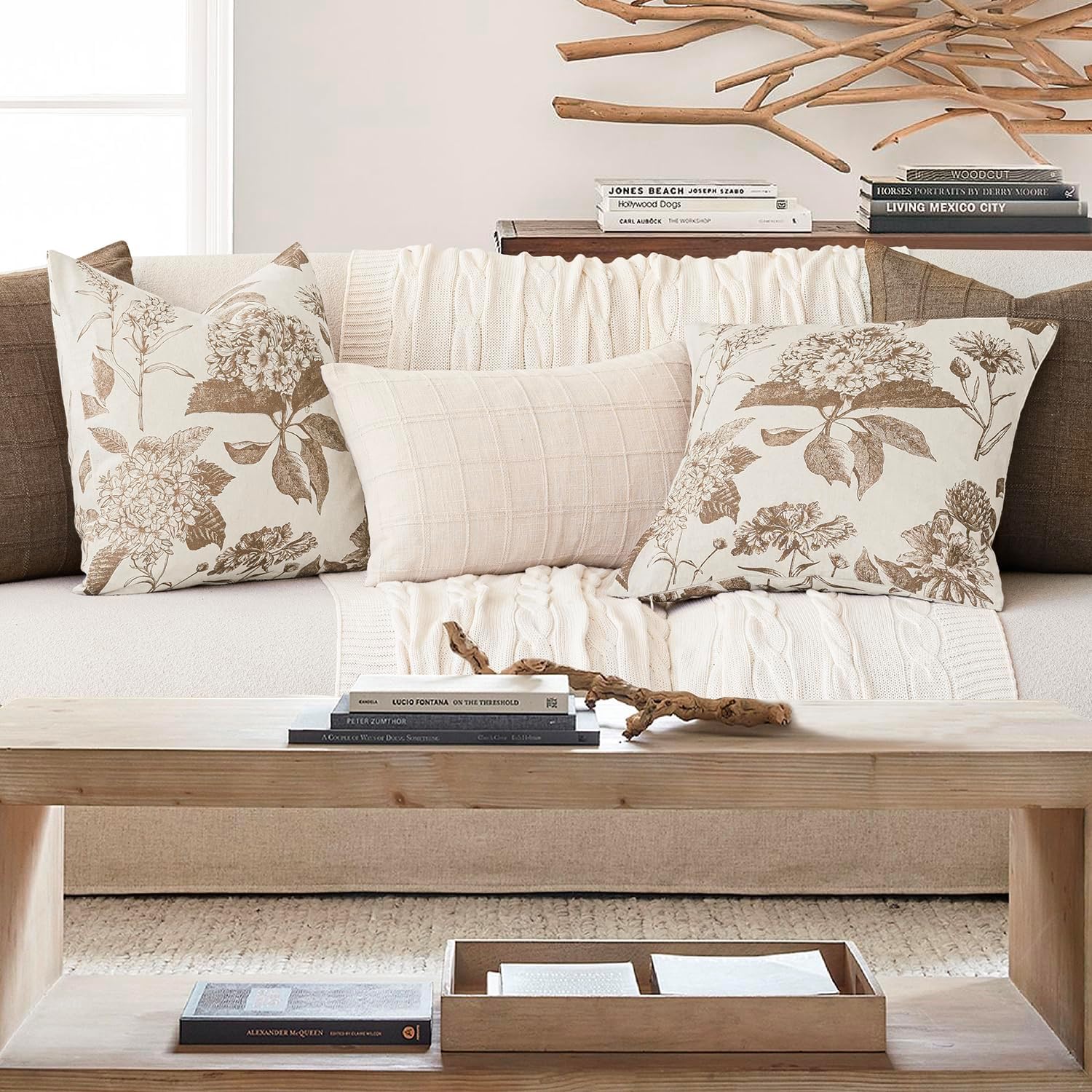 Foindtower Set of 2 Linen Floral Throw Pillow Covers Neutral Vintage Print Decorative Cushion Covers Farmhouse Boho Home Decor for Sofa Chair Couch Bedroom Living Room,24×24 Inch,Light Brown