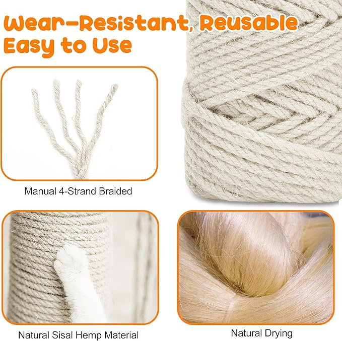 328FT/100M Cat Scratching Sisal Rope, 6mm Thick Natural Jute Rope for Scratch Posts, Cat Trees, DIY Projects, Sisal Rope for Cat Scratcher with 2 Cat Mouse Toys (White, 328ft)