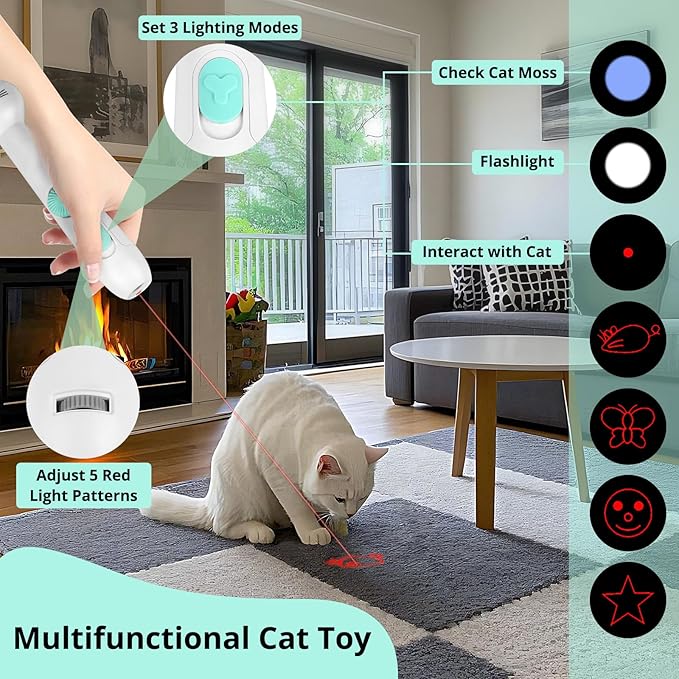 TBTeek Cat Toy, 2in1 Light and Retractable Pole with Feather, Rechargeable, Long Range 5 Modes, Interactive Toy for Indoor Cat Kitten Dog