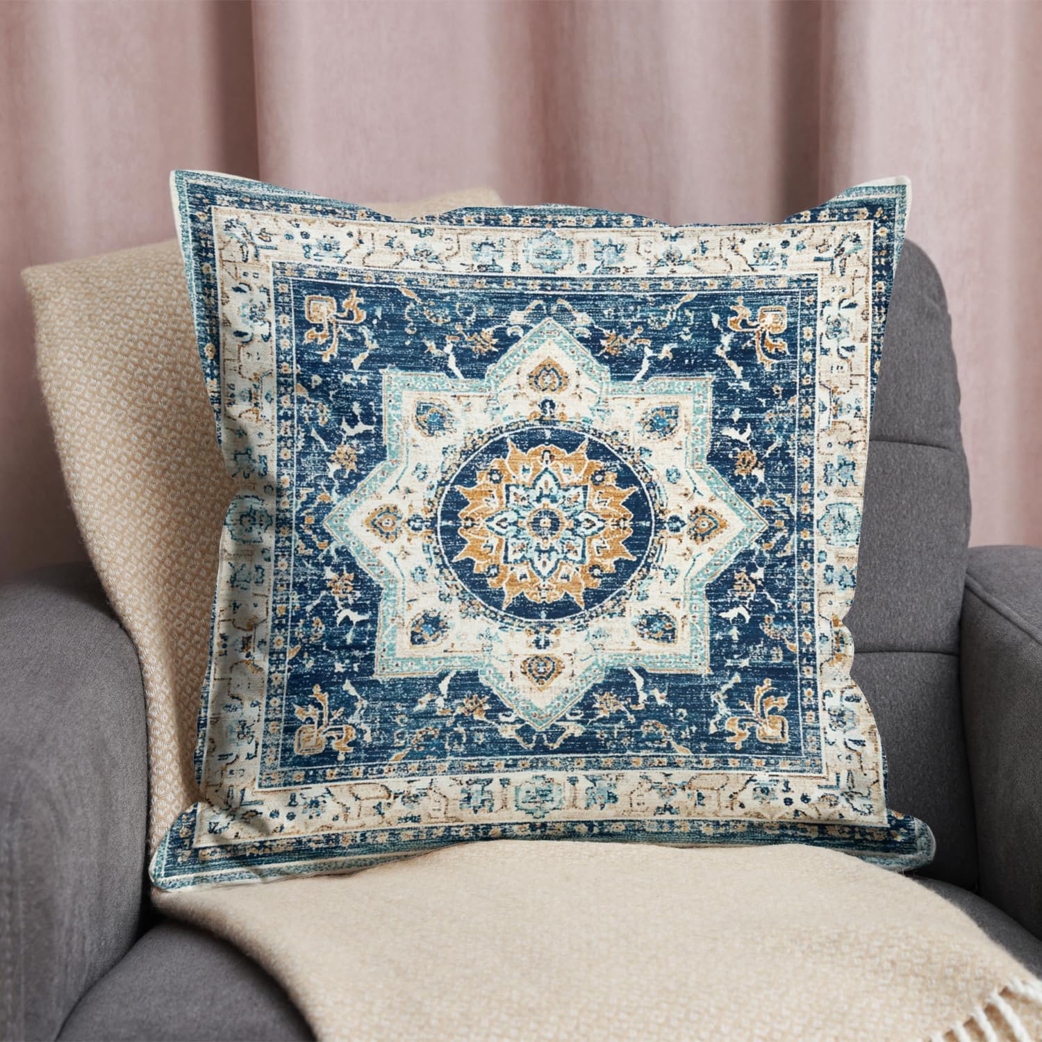 Bohemian Pillow Covers | Vintage Floral & Carpet Design | Double Sided Blue White Decorative Pillowcases for Couch, Bed | Indoor Outdoor Boho Home Decor (White&Blue, 18x18inches)