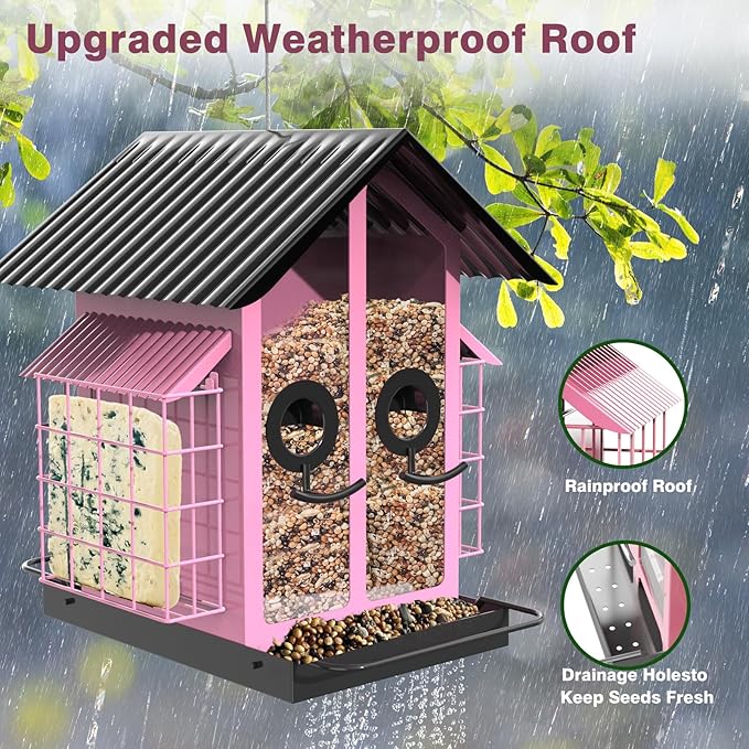 Bird Feeders for Outdoors, Metal Bird Feeder with Double Suet Cage Weatherproof Metal Roof, 2 in 1 Mixed Seeds Suet Feeder, 4Lbs Large Capacity, Great for Finch、Cardinal、Chickadee（Pink）
