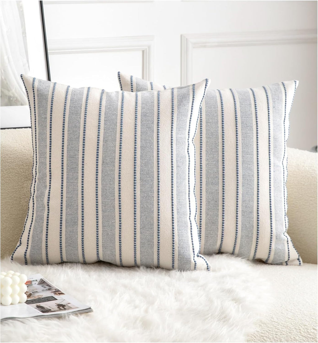 Decorative Boho Throw Pillow Covers, Farmhouse Textured Pillow Case, 22 x 22 Inch Set of 2, Chair Sofa Bedroom Living Room Home Decor Couch Cushion Case, Classic Blue and Beige Striped