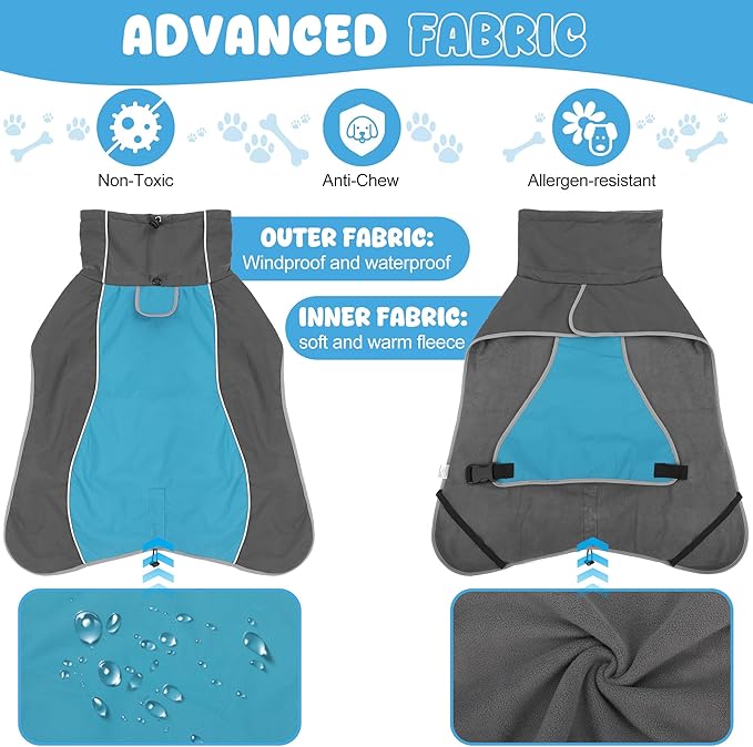 Dog Raincoat, Waterproof Dog Coat with Reflective Straps, Leash Hole & Polar Fleece Lining, Winter Dog Rain Coat for Small, Medium & Large Dogs, Warm, Windproof Dog Vest Jackets