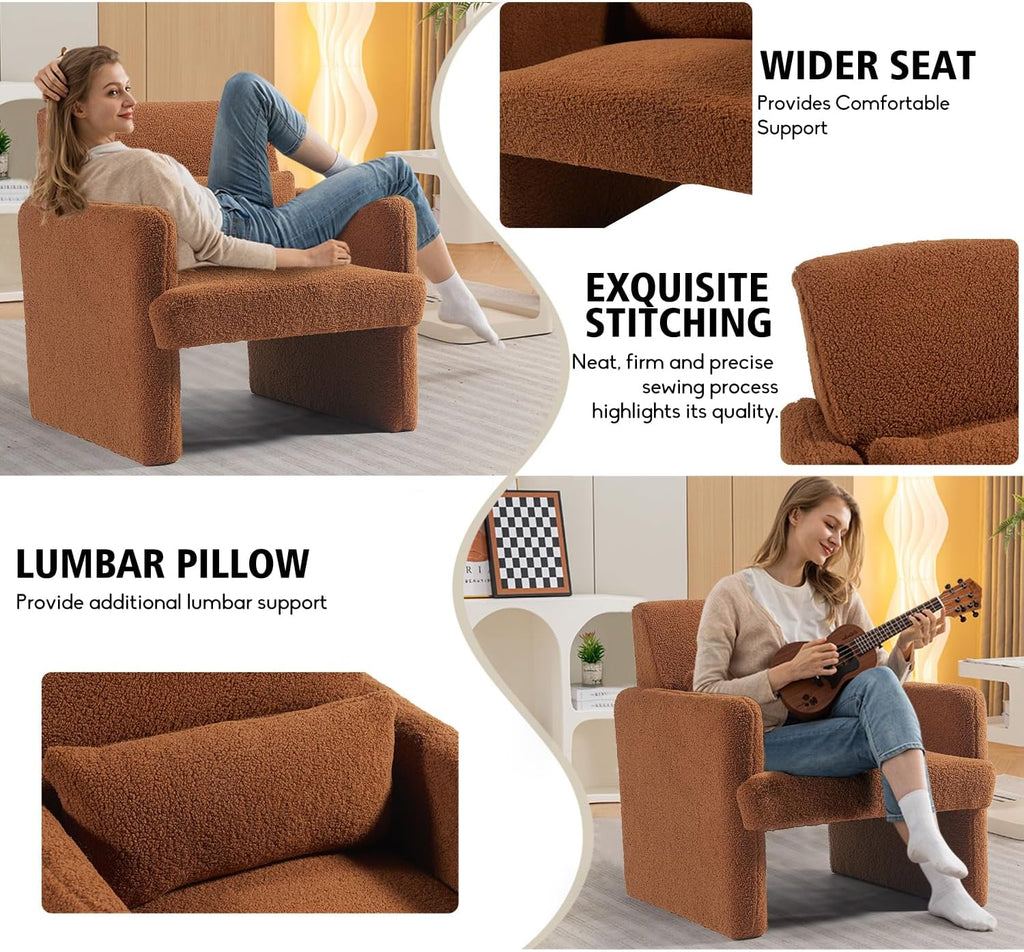 Gaussen Sherpa Accent Chair Mid Century Modern Living Room Chairs with Pillow Fluffy Single Sofa Chair Upholstered Arm Chair Oversized Reading Chair Comfy Chair for Bedroom/Office/Cafe (Autumn)