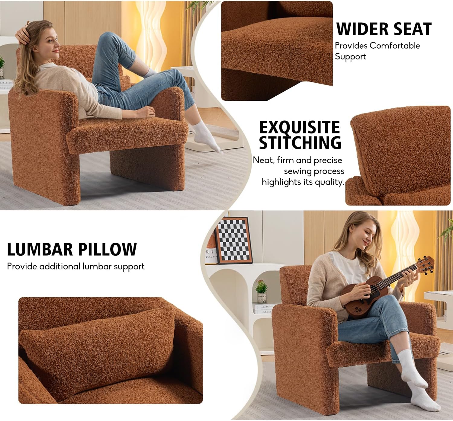 Gaussen Sherpa Accent Chair Mid Century Modern Living Room Chairs with Pillow Fluffy Single Sofa Chair Upholstered Arm Chair Oversized Reading Chair Comfy Chair for Bedroom/Office/Cafe (Autumn)