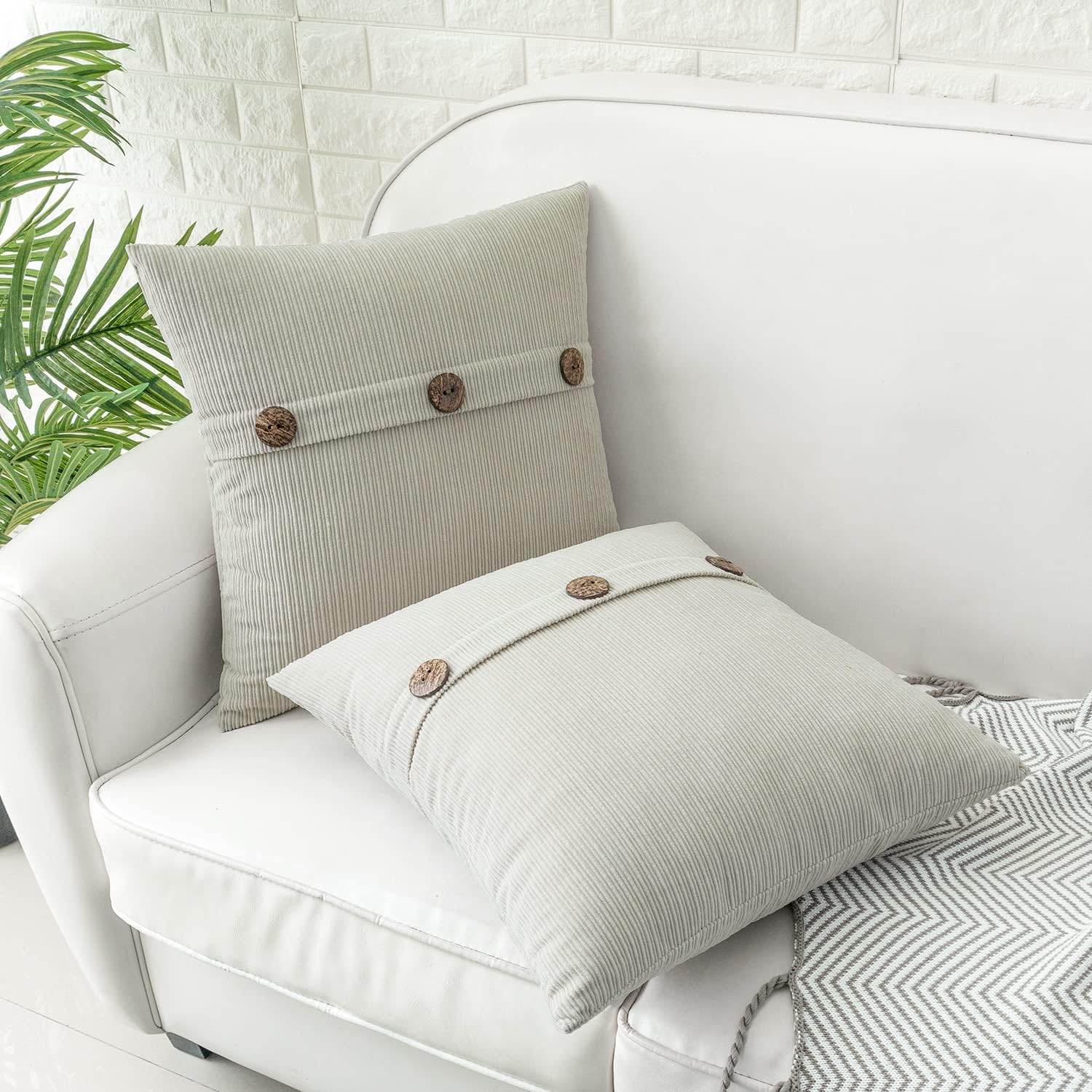 HWY 50 Light Grey Gray Chenille Throw Pillow Covers 18x18 Inch with Triple Buttons, Soft Farmhouse Accent Decorative Cushion Cases for Couch Sofa Bed Living Room Pack of 2