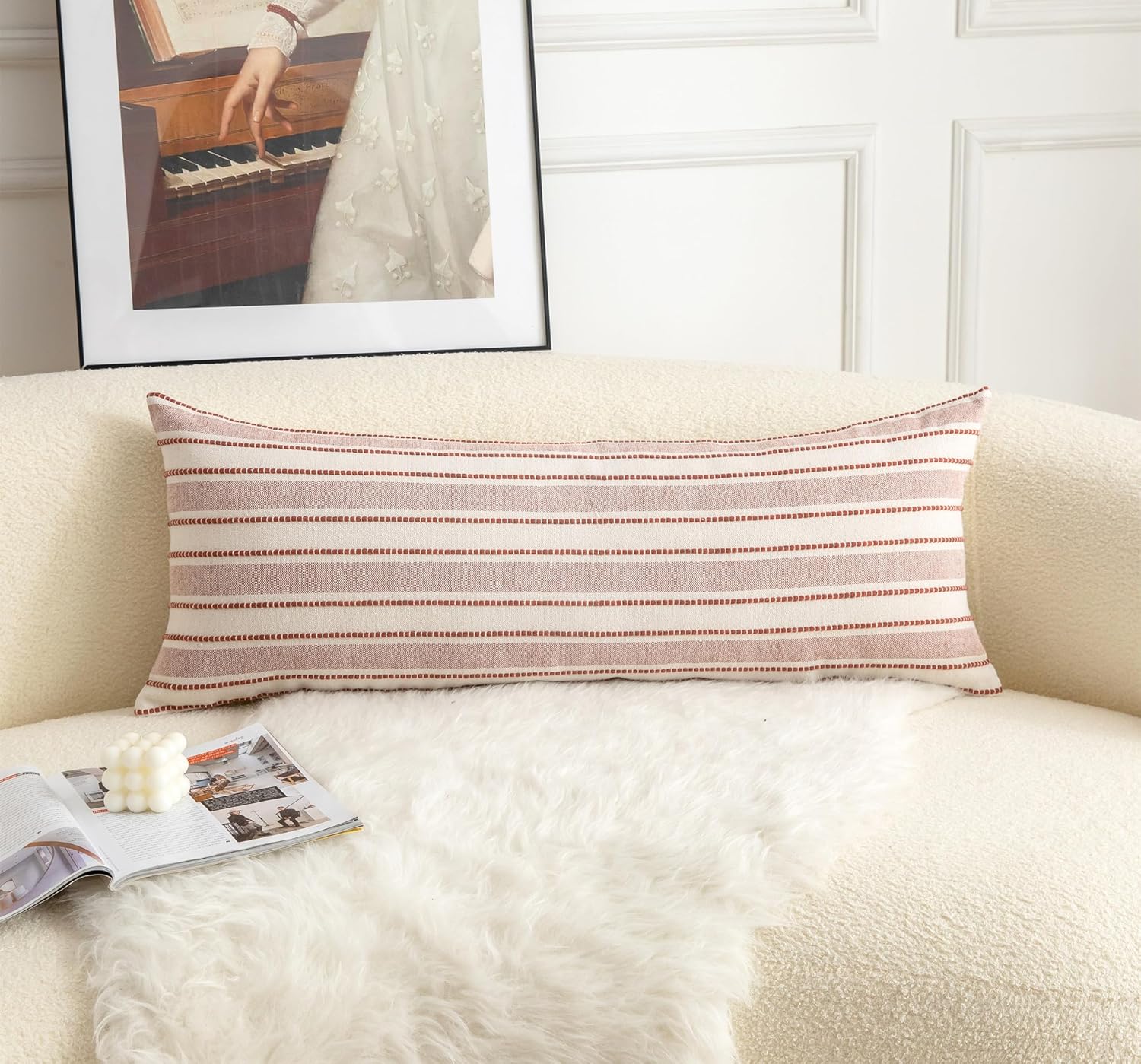 Decorative Boho Lumbar Pillow Covers, Modern Farmhouse Couch Pillowcase, 14 x 36 Long Accent Body Throw Pillow Covers, Sofa Bed Living Room Decor Cushion Case, Rust and Beige, Pack of 1