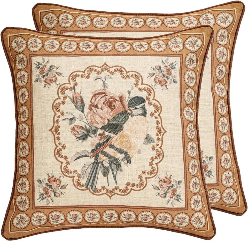 patdrea Designer Vintage Floral Throw Pillow Covers for Couch Set of 2,Brown Linen Pillowcases with Bird and Rose Pattern Decorative Square Cushion for Bed Living Room Outdoor Cafe Car,18"x18"