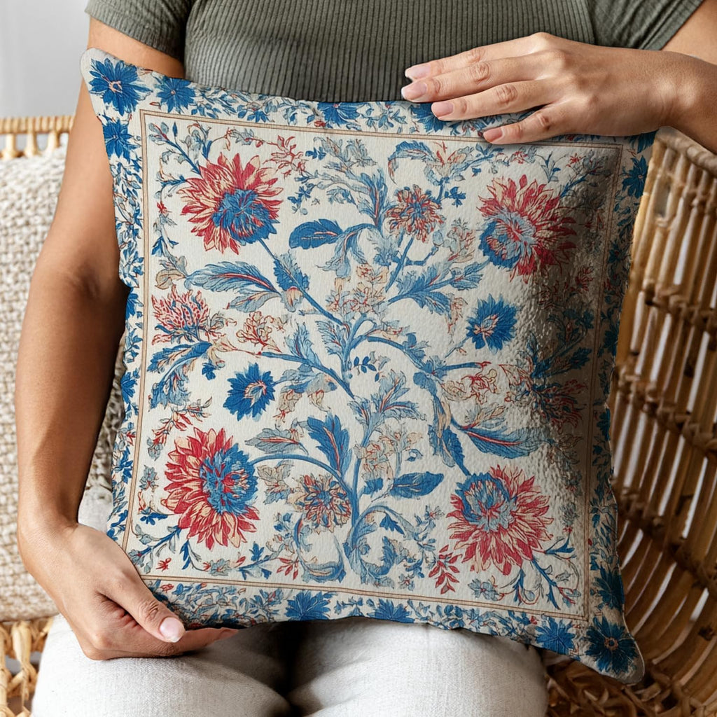 Bohemian Pillow Covers | Vintage Floral & Carpet Design | Double Sided Blue White Decorative Pillowcases for Couch, Bed | Indoor Outdoor Boho Home Decor (Blue&Red, 18x18inches)
