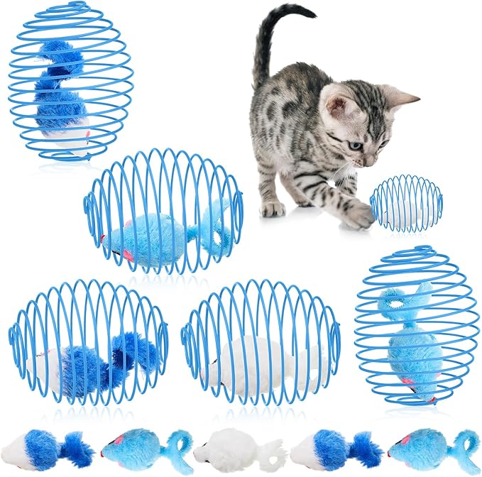 Jecery 5 Pcs Cat Spring Balls Stretchable Springs Toys Rolling Balls Colorful Playful Coils Interactive Spring Action Toy Caged Rats for Kitten Cat Pet Supplies Indoor (Mouse,Blue White)