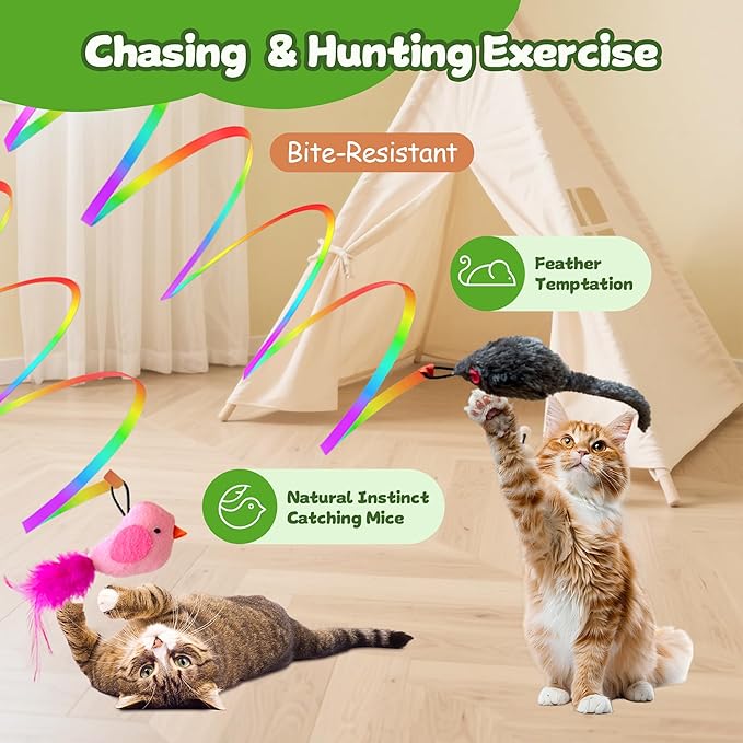 Automatic Hanging Door Cat Toy,Electric Interactive Cat Toys-Flying Bird &Mouse Wand & Ribbon Wand,USB-Rechargeable Self Play Feather Chase/Hunt Cat Toys for Bored Indoor Adult & Kitten Cats