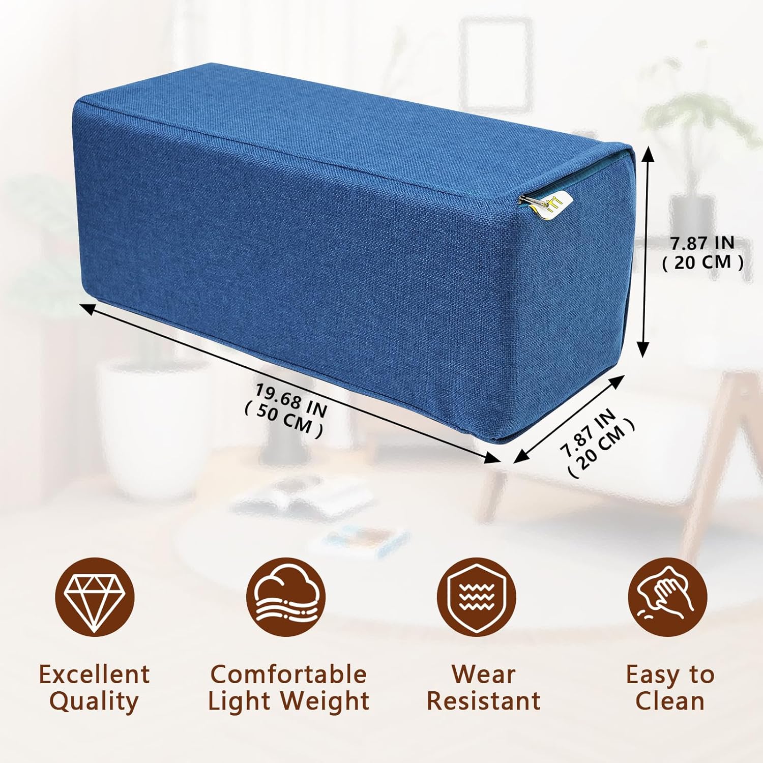 2 Pack Couch Arm Rest Pillow, 8''x8''x20'' Linen Cover, High Density Foam Armrest Cushion, Removable & Washable Elbow Support for Sofa, Bed, and Armchair (Indigo Blue)