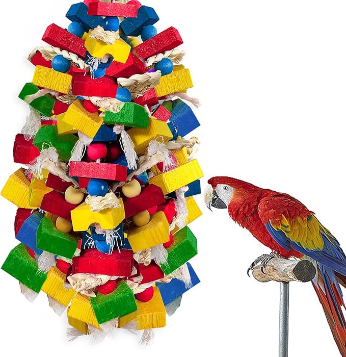 Parrot Toys for Large Birds, Multicolored Wooden Blocks Bird Chewing Toy Parrot Cage Bite Toy for Macaws Cokatoos African Grey and Large Medium Parrot Birds (Block)