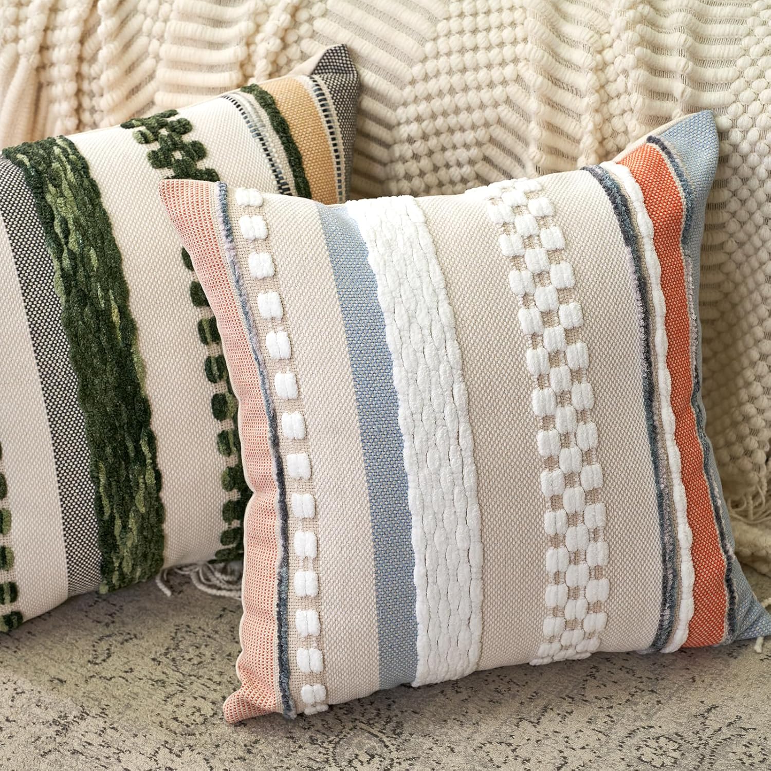 Aeckself Boho Throw Pillow Covers 18x18 Inch Set of 2, Farmhouse Decorative Striped Square Pillow Covers Chenille Tufted Pillow Cases Accent Neutral Pillowcase for Living Room Couch Bed, Orange Blue
