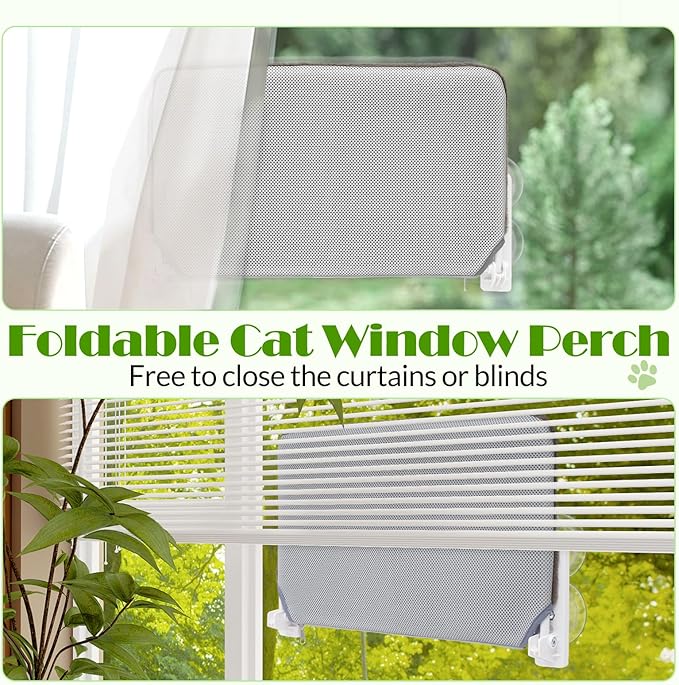 keny Cordless Foldable Cat Window Perch, Reversible Cover with Two Different Kinds of Fabrics, Brown