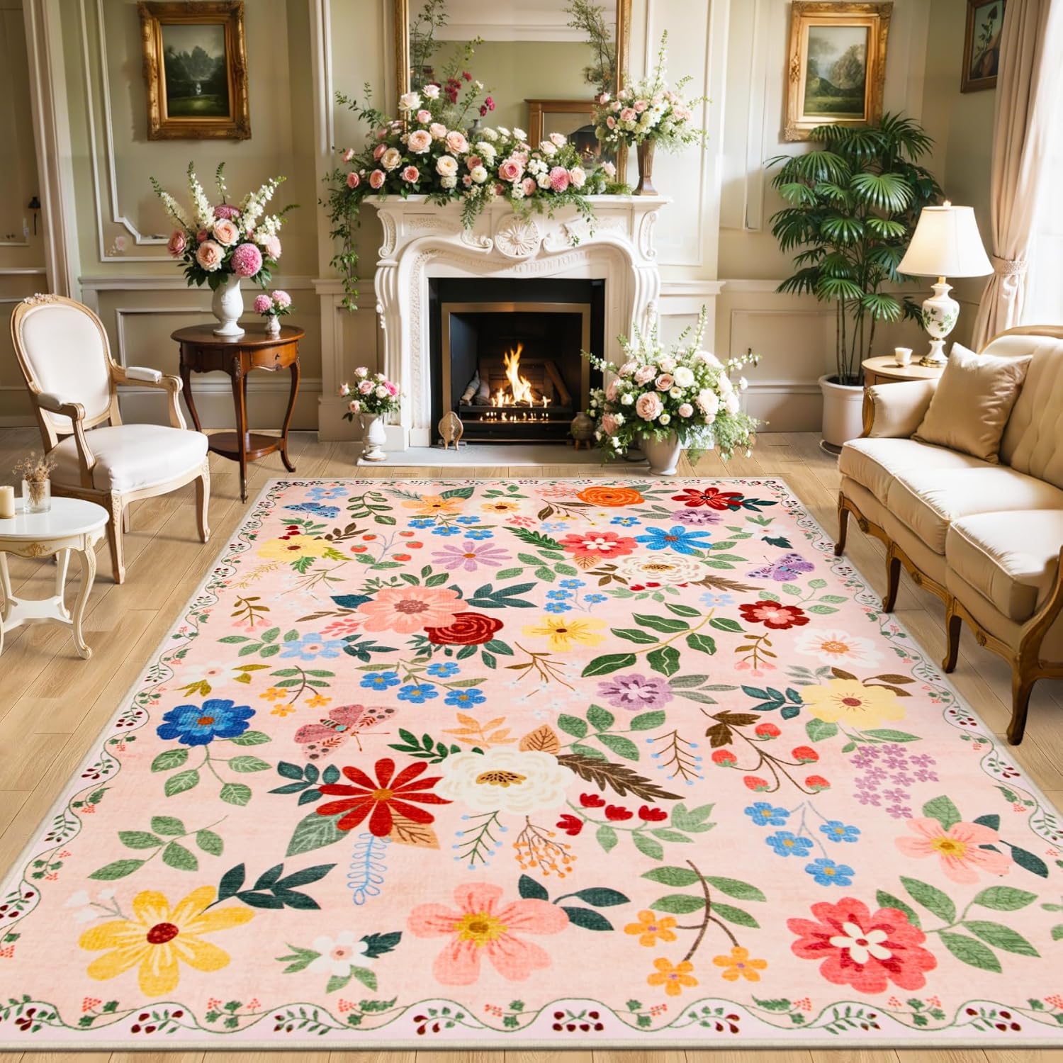 10x12 Area Rugs for Living Room: Floral Washable Rug Vintage Large Soft Boho Non-Slip Carpet Stain Resistant Low Pile Carpets for Bedroom Dining Room Farmhouse Nursery Hallway Home Office Beige