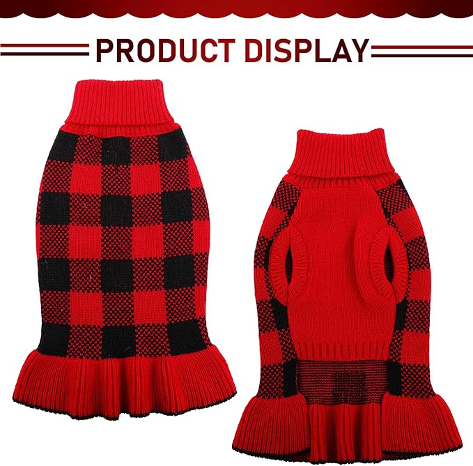 Dog Sweater Dress Plaid Knitwear for Small Medium Dogs Warm Puppy Pet Turtleneck Stretch Pullover Cute Fall Winter Vest Clothes with Leash Hole for Christmas (Red, XL)