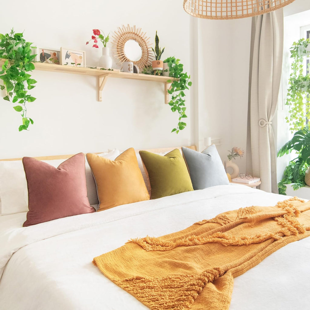 MONDAY MOOSE Decorative Throw Pillow Covers Cushion Cases, Set of 4 Soft Velvet Modern Double-Sided Designs, Mix and Match for Home Decor, Pillow Inserts Not Included (18x18 inch, Purple/Green)