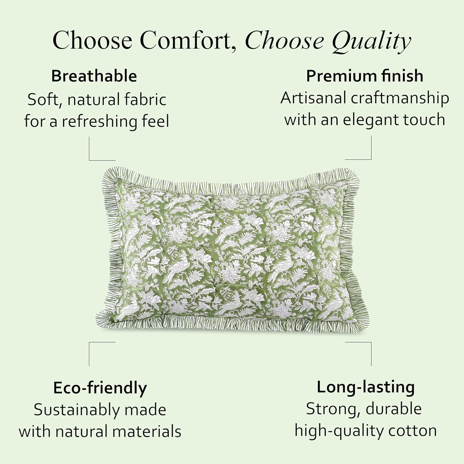 CPC Olive Green 100% Cotton Block Print Ruffle Sham Cover 20X30 inch Pack of 2, Handmade Boho Floral Pillowcase, Soft Decorative Queen Bed Pillow Cover for Bedroom Décor