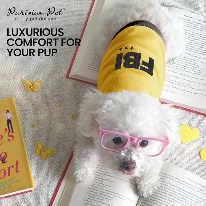 Parisian Pet Dog T-Shirt - Embroidered FBI Shirt - 100% Cotton, Breathable Dogs Clothes - Sleeveless Pet Vest - Machine Washable Yellow Shirts for Large Dogs - 2XL