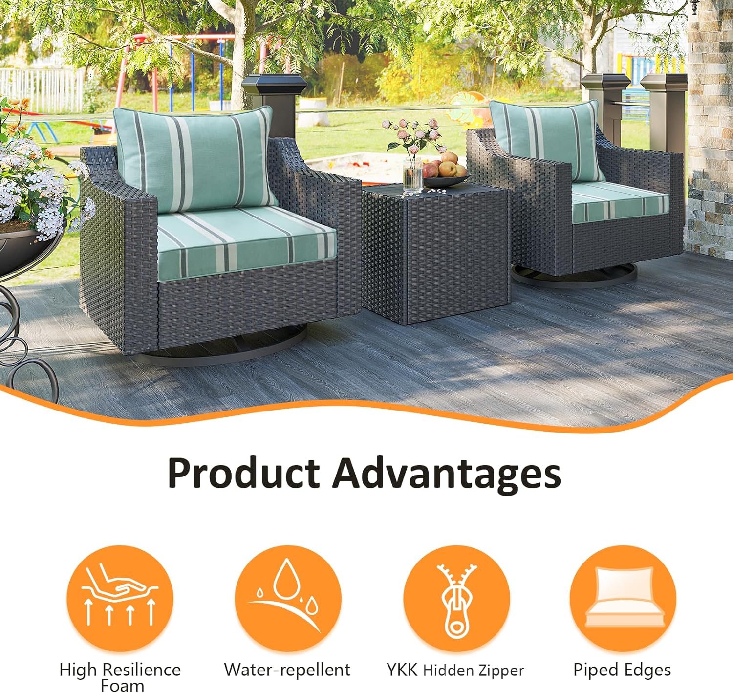 Outdoor Patio Chair Cushions Set, 24" x 24", Set of 2, Water-Repellent, Fade Resistant, Deep Seat Bottom and Back Cushion for Backyard, Couch, Sofa and Patio Furniture, Aqua Stripe