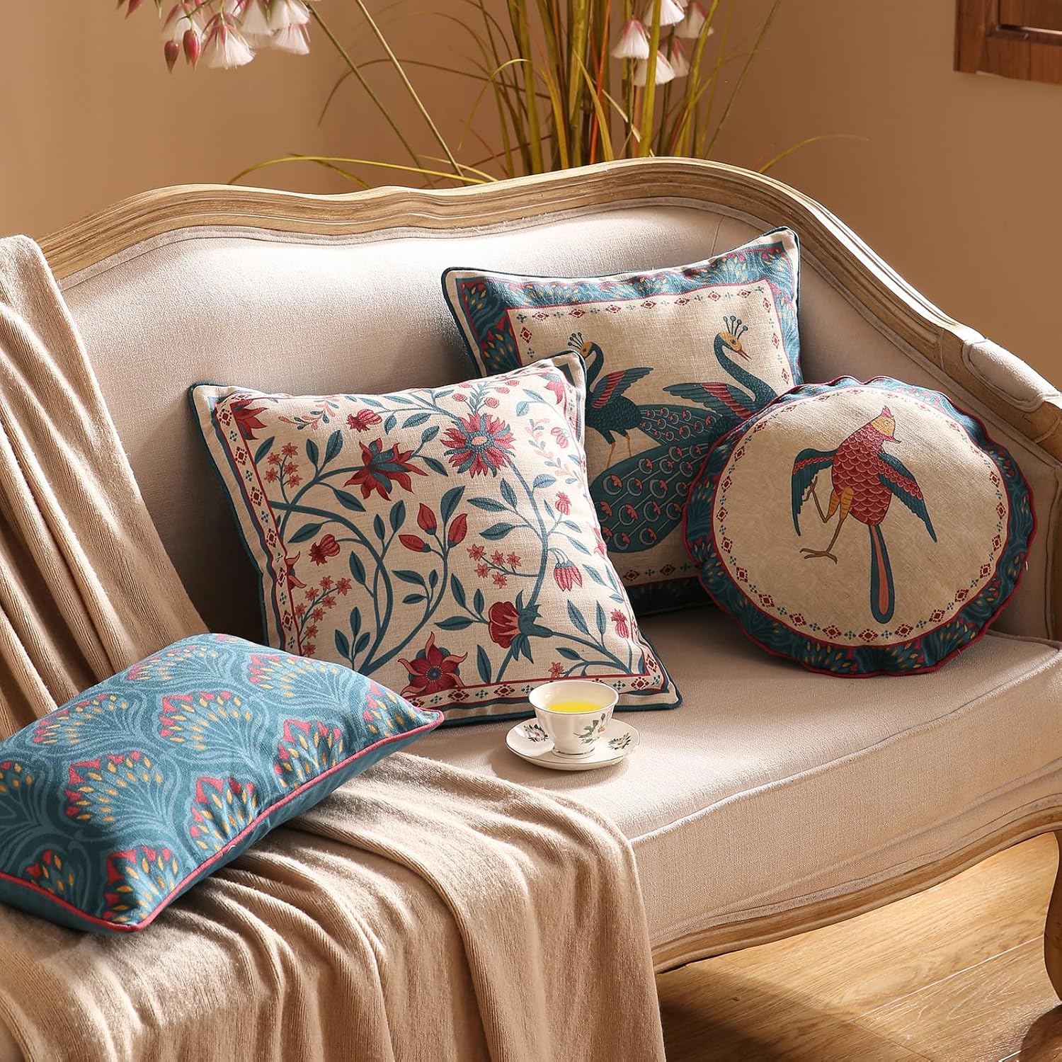 Navy Blue Throw Pillow Covers,Rustic Animal Print with Peacock Pattern Linen Pillowcases,Decorative Round Pillows Cushion Covers for Sofa Bed Couch Chair, Diameter 16"