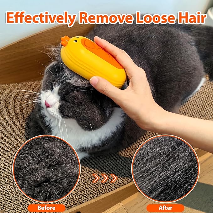 Cat Steam Brush with Release Button, 3 in 1 Rechargeable Pet Spray Water Comb for Long & Short Hair Removal, Self Cleaning Slicker Vapor Brush for Indoor Cats Dogs Rabbits Shedding Grooming