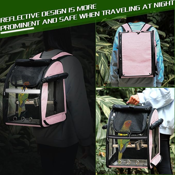 SUERTREE Bird Carrier Bag with Indestructible Stainless Steel Mesh, Bird Travel Cage with Stand, Easy to Clean Backpack for Parrot, Portable Bird Travel Bag, Pet Breathable Travel Cage, Pink