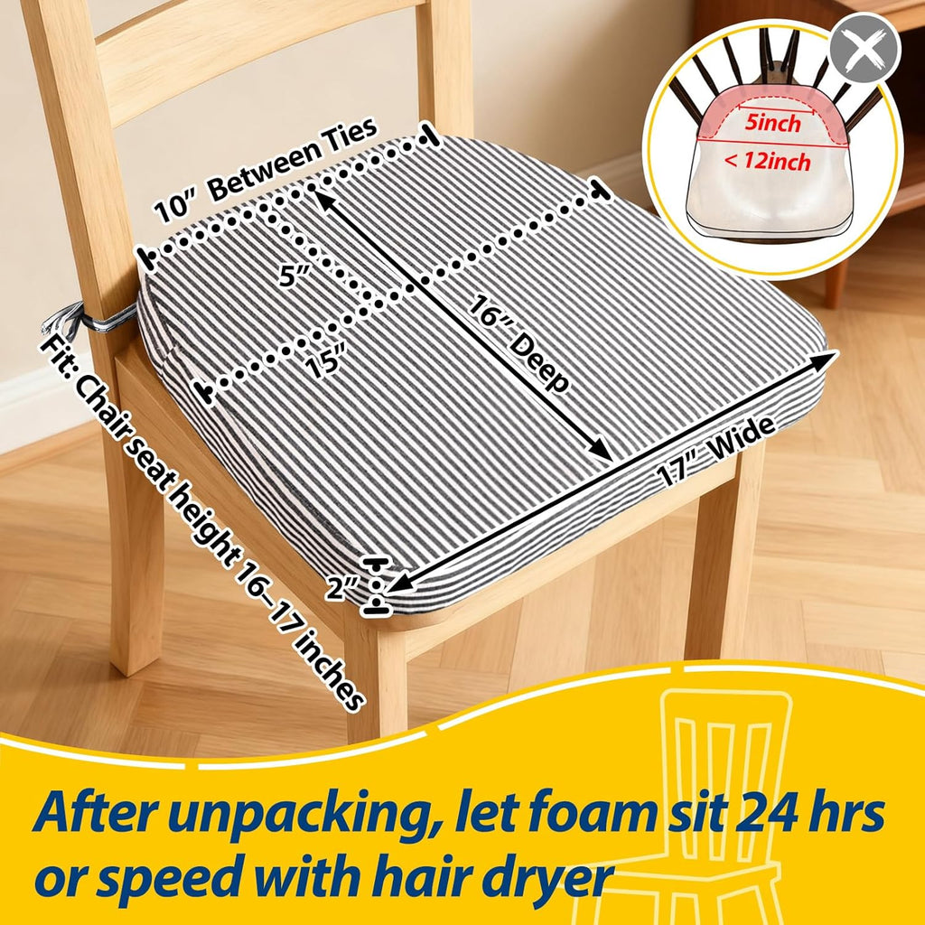 AAAAAcessories D-Shaped Chair Cushions, Featuring Ties and Removable, Machine-Washable Cover, 2'' Thick Seat Pads for Kitchen and Dining Rooms, 17'' x 16'', Pinstripe Dark Gray