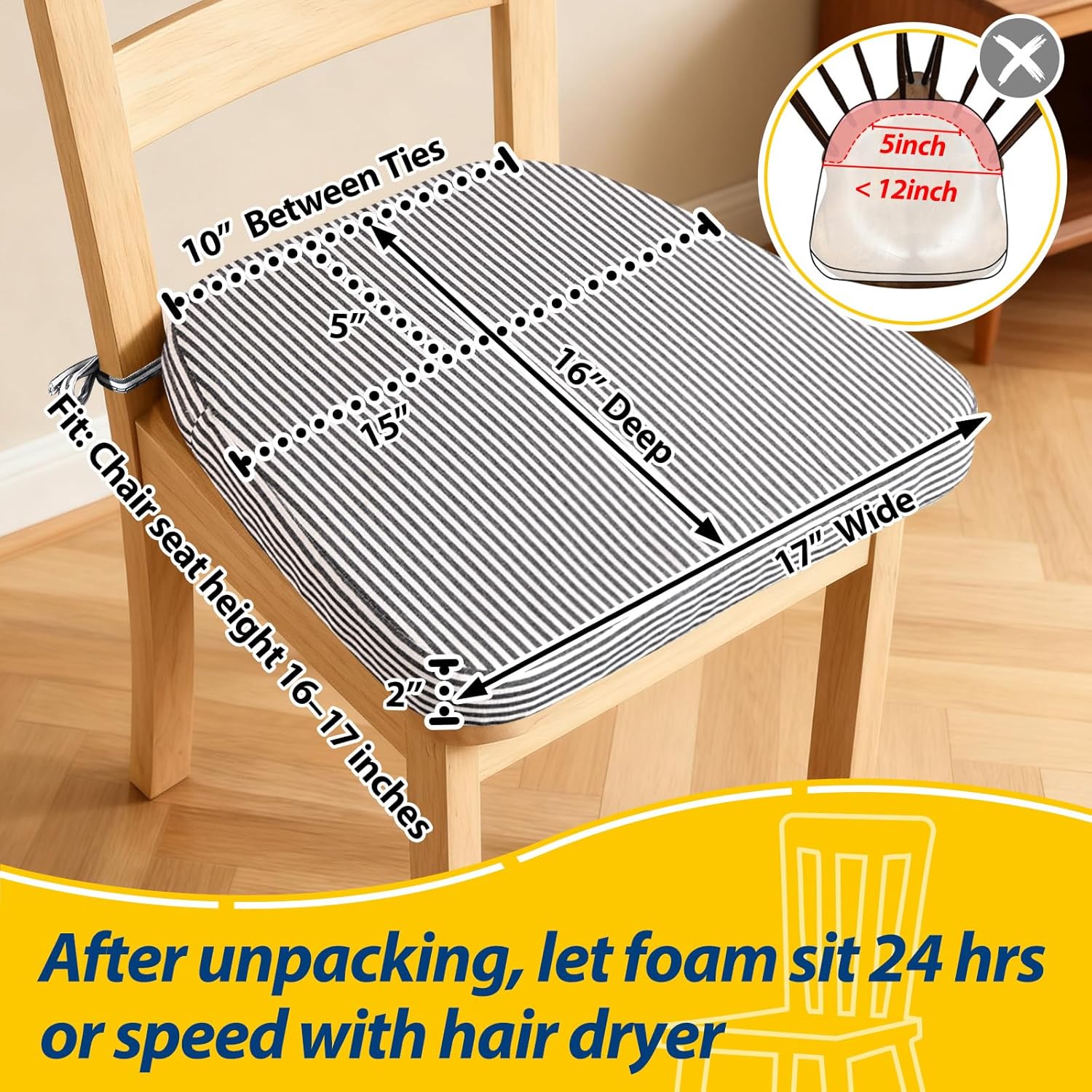 AAAAAcessories D-Shaped Chair Cushions, Featuring Ties and Removable, Machine-Washable Cover, 2'' Thick Seat Pads for Kitchen and Dining Rooms, 17'' x 16'', Pinstripe Dark Gray