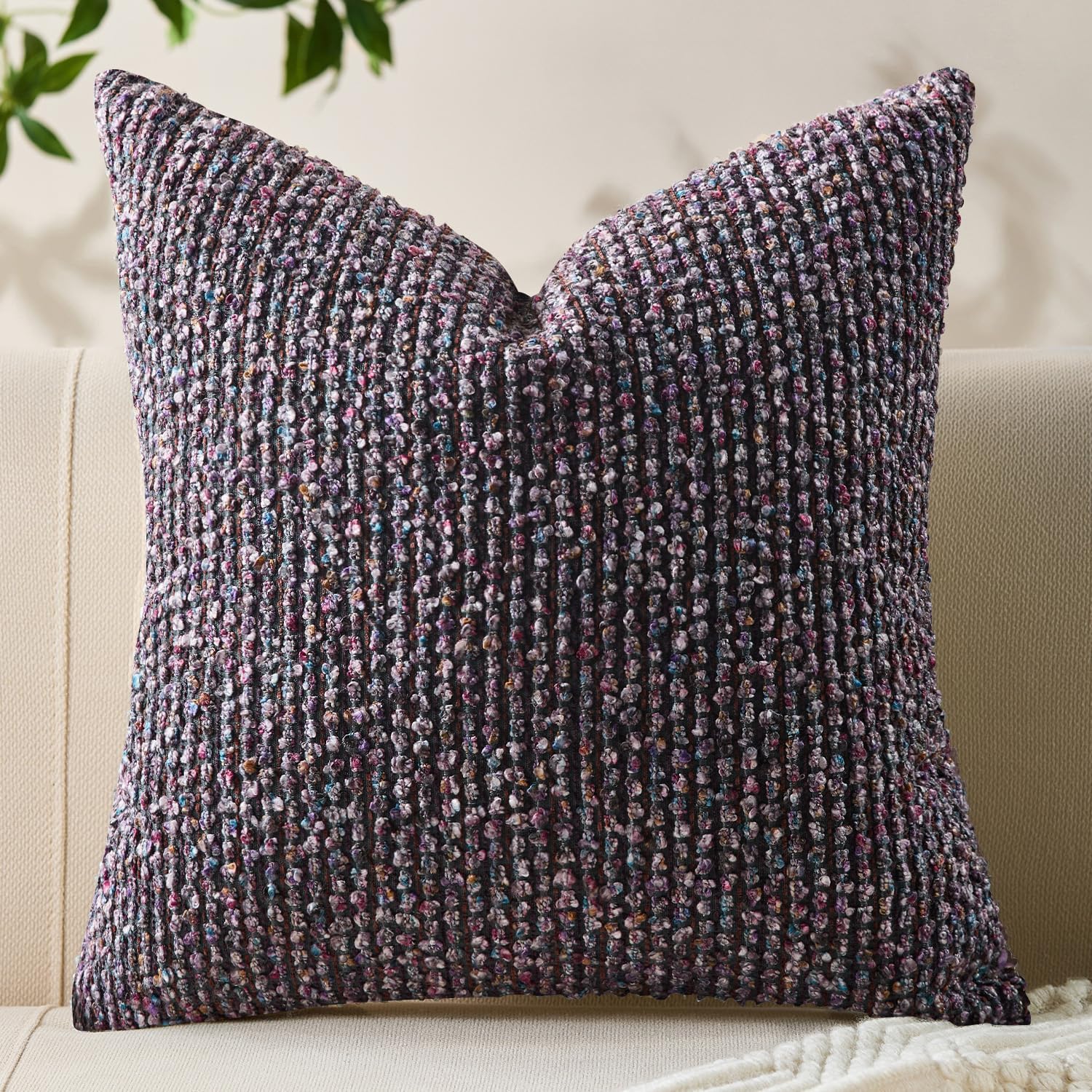 Decorative Couch Throw Pillow Covers 18x18 Purple Striped Soft Wool Pillow Covers Neutral Textured Boho Cushion Covers for Modern Farmhouse Sofa Bedroom Living Room Decor SY011-E18