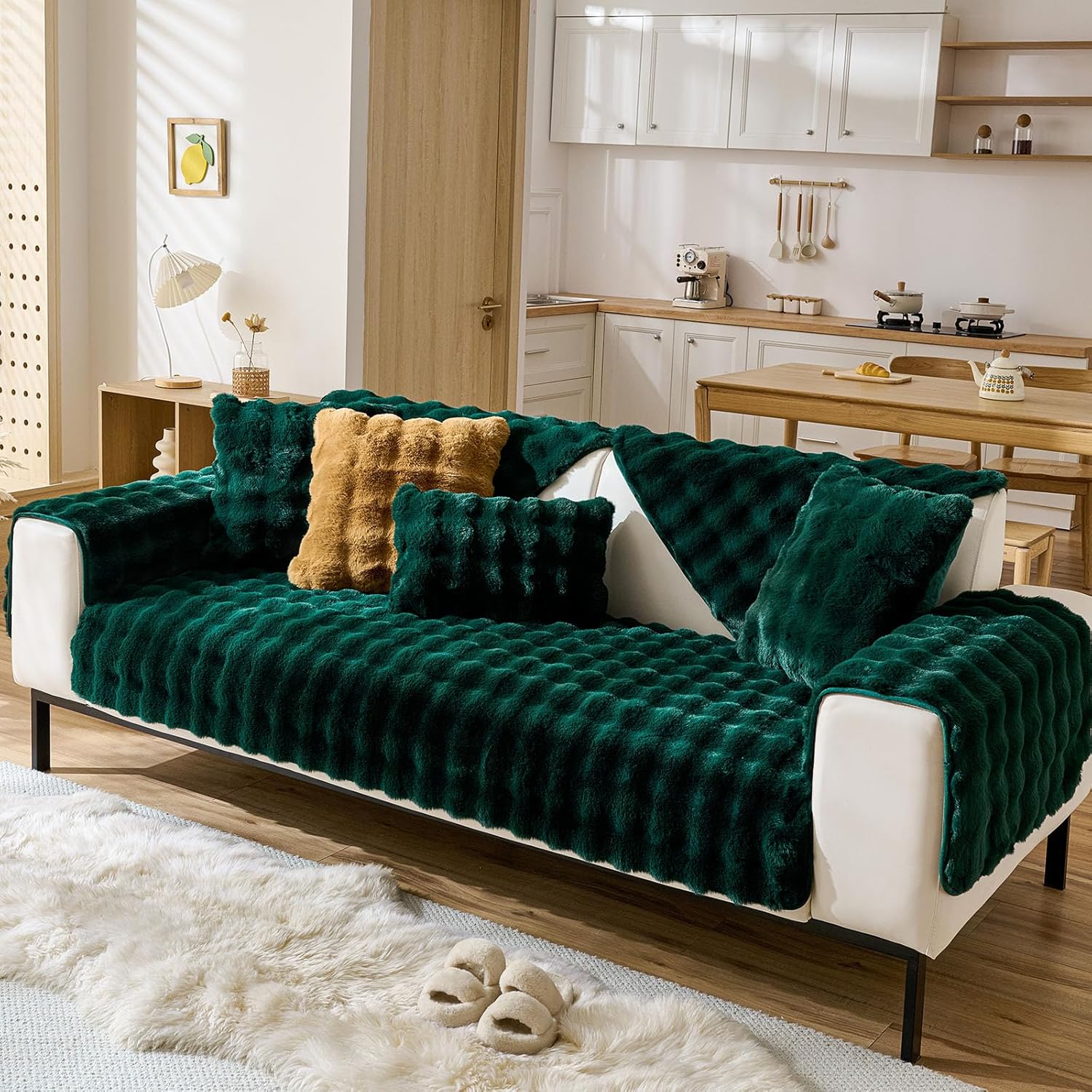 Christmas Faux Fur Armrest Cover Backrest Cover Fuzzy Plush Thick Bubble Sofa Cover Luxury Soft Cozy Couch Cover Anti-Slip Sofa Slipcover Washable Furniture Protector (Dark Green,28"x28")