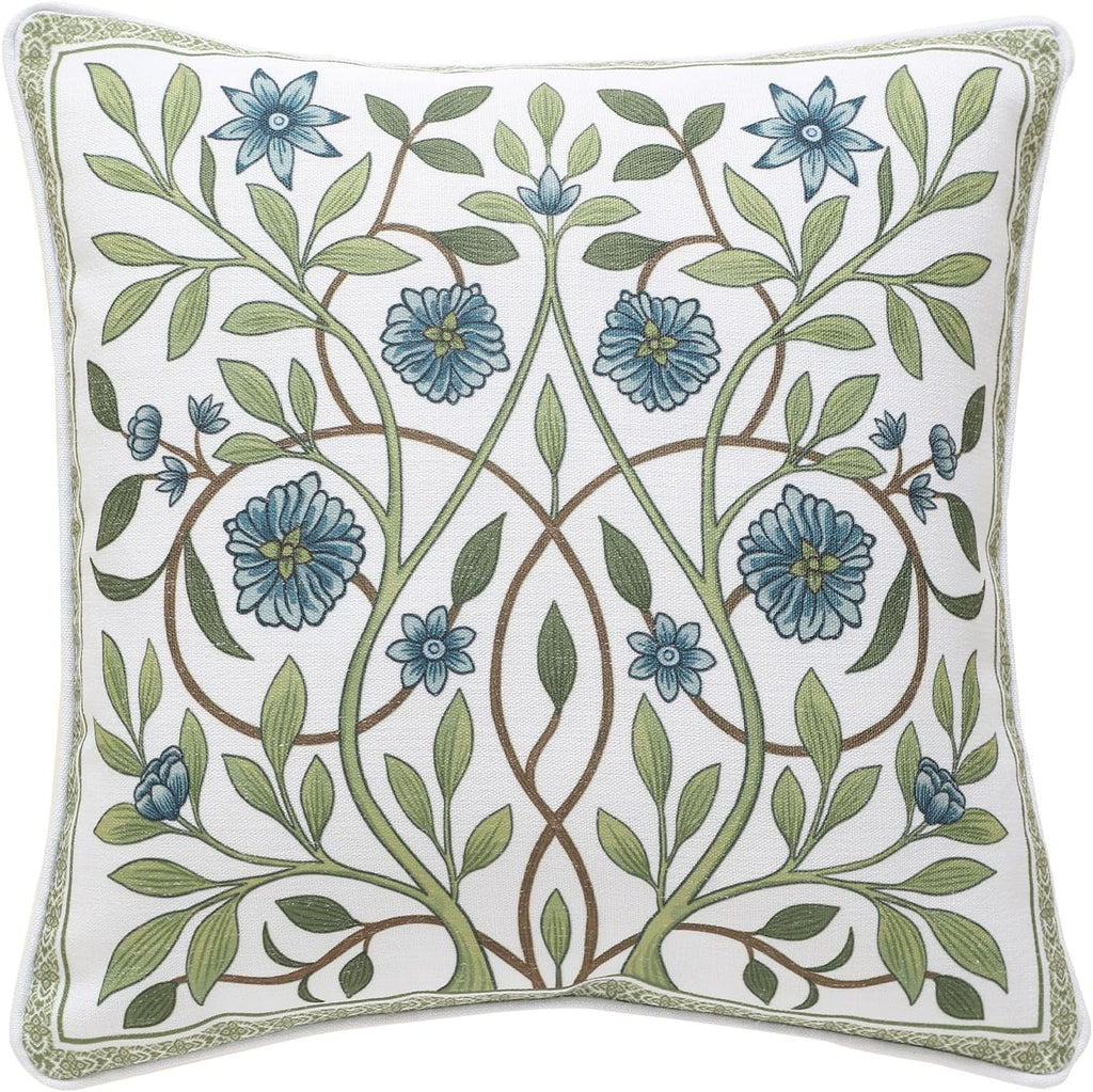 ISAENNE Design Fresh Linen Square Throw Pillow Covers 18"x18", French White Cottage Cushion Covers with Blue Floral Branches Pattern Decor Pillowcases for Bed,Living Room,Outdoor,Car