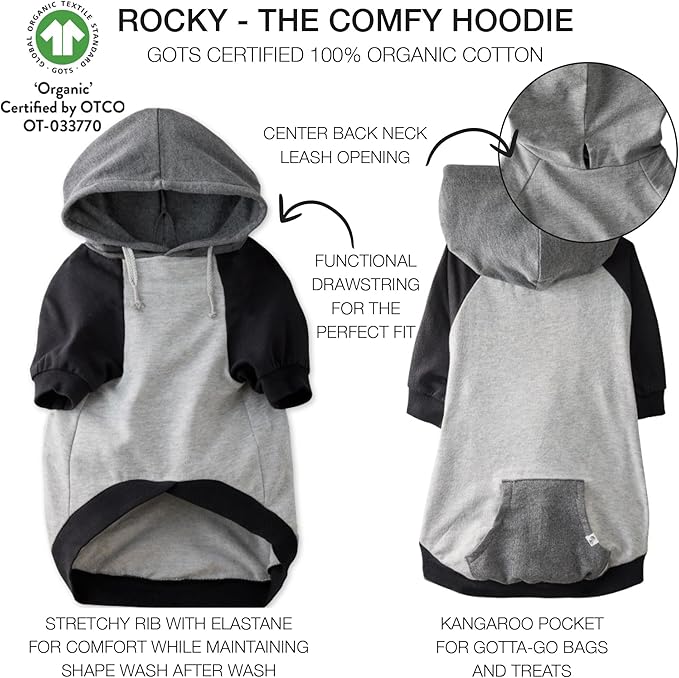 Rocky – The Orginal Lightweight Hooded TEE 100% Organic Cotton Dog Hoodie Pet Coat Sweater for Small, Medium, Large Dogs, Heather Gray Color Block, X-Small (5-12 lbs)