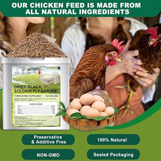 Chicken Feed, 20lb Dried Black Soldier Fly Larvae Pellets for Chickens, Organic Chickens Feed with More Protein & Calcium Than Mealworms, Processed Chicken Food for Laying Hens