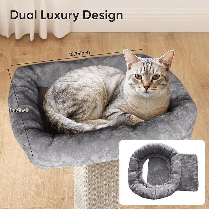 AGYM Cat Scratching Post, 32”Cat Scratcher with Large Plush Perch, Sisal & Carpet Scratching Post, Vertical Posts with Elevated Bed for Indoor Cats, Removable& Washable Cover, Grey