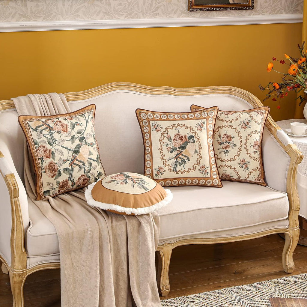 patdrea Designer Vintage Floral Throw Pillow Covers for Couch,Brown Yellow Linen Pillowcases with Bird and Rose Pattern, Decorative Square Cushion for Bed Living Room Outdoor Cafe Car,18"x18"
