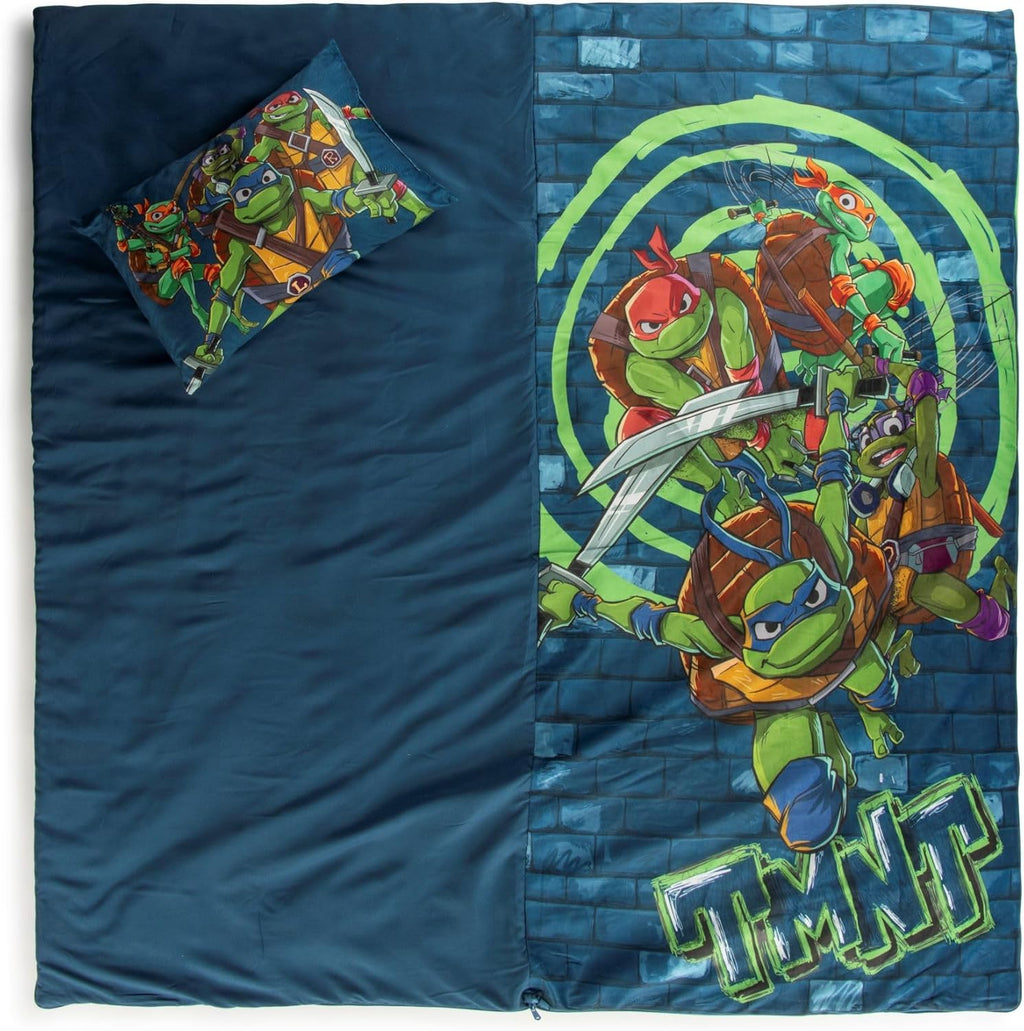 Jay Franco Kids Slumber Bag and Pillow - 54 x 27 Inch Comfy Indoor Sleeping Bag for School and Sleepovers, 2 Piece Set, Blue - Teenage Mutant Ninja Turtles
